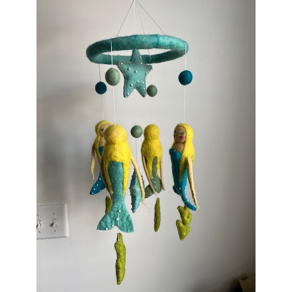 Other - Handmade Needle Felted Mermaid Baby Mobile Teal Yellow Nursery Decor Nautical